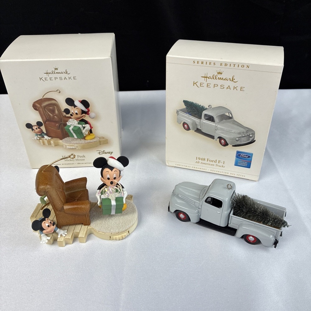 Hallmark Keepsake Disney Mickey Mouse 2007 & 1948 Ford F1 Truck Ornaments